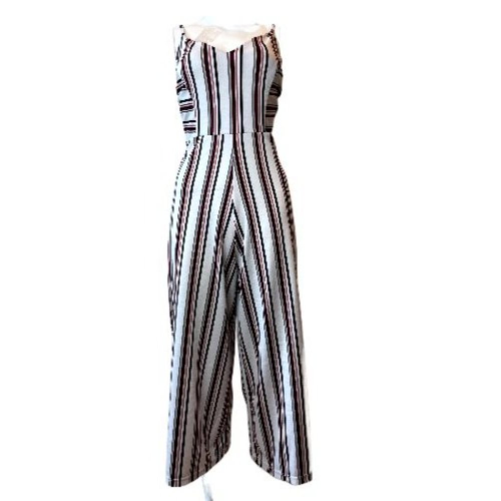 Piel Morena Women's Striped Jumpsuit Sweetheart Wide Leg Backless White Red SZ 2